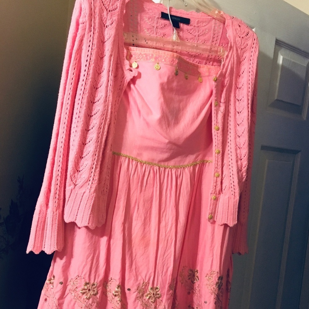 Indie Boho embroidered dress with pink sweater NWOT